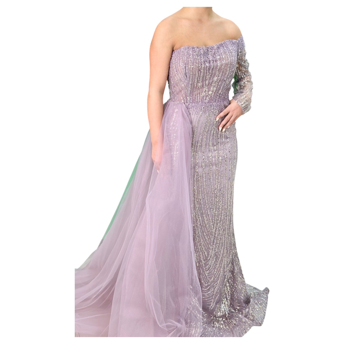 Dusty Purple  Elegant Long Dress-One Shoulder Detailed with Beautiful Crystals and Sequins