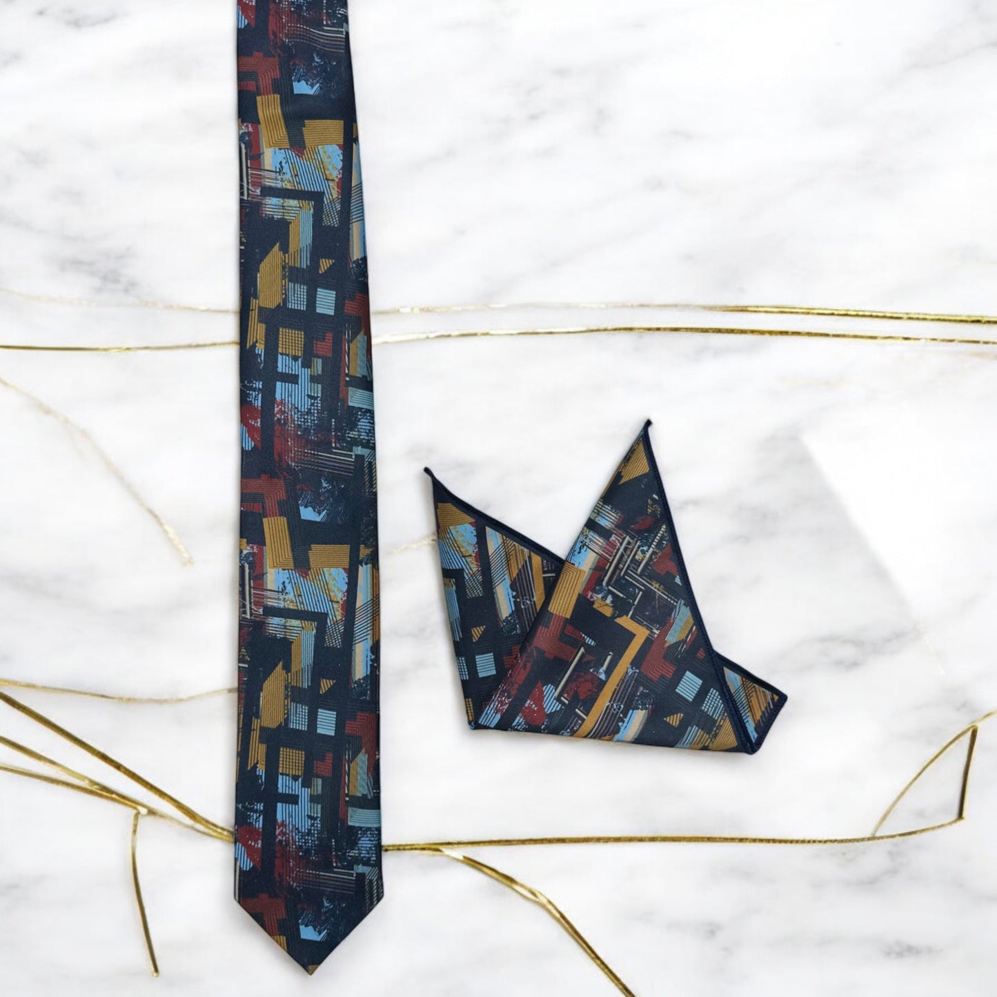 Mustard,  Blue, on Blue Base Pattern - Istanbul Fashion Tie - Classic Wide