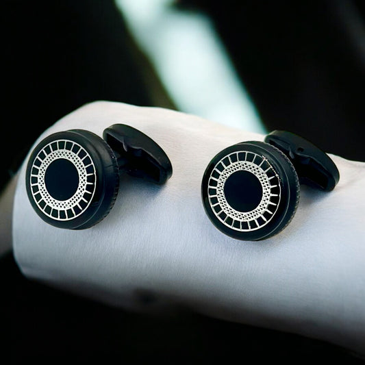Round Istanbul Fashion Cufflinks -Black on Black and Silver Details  - 14