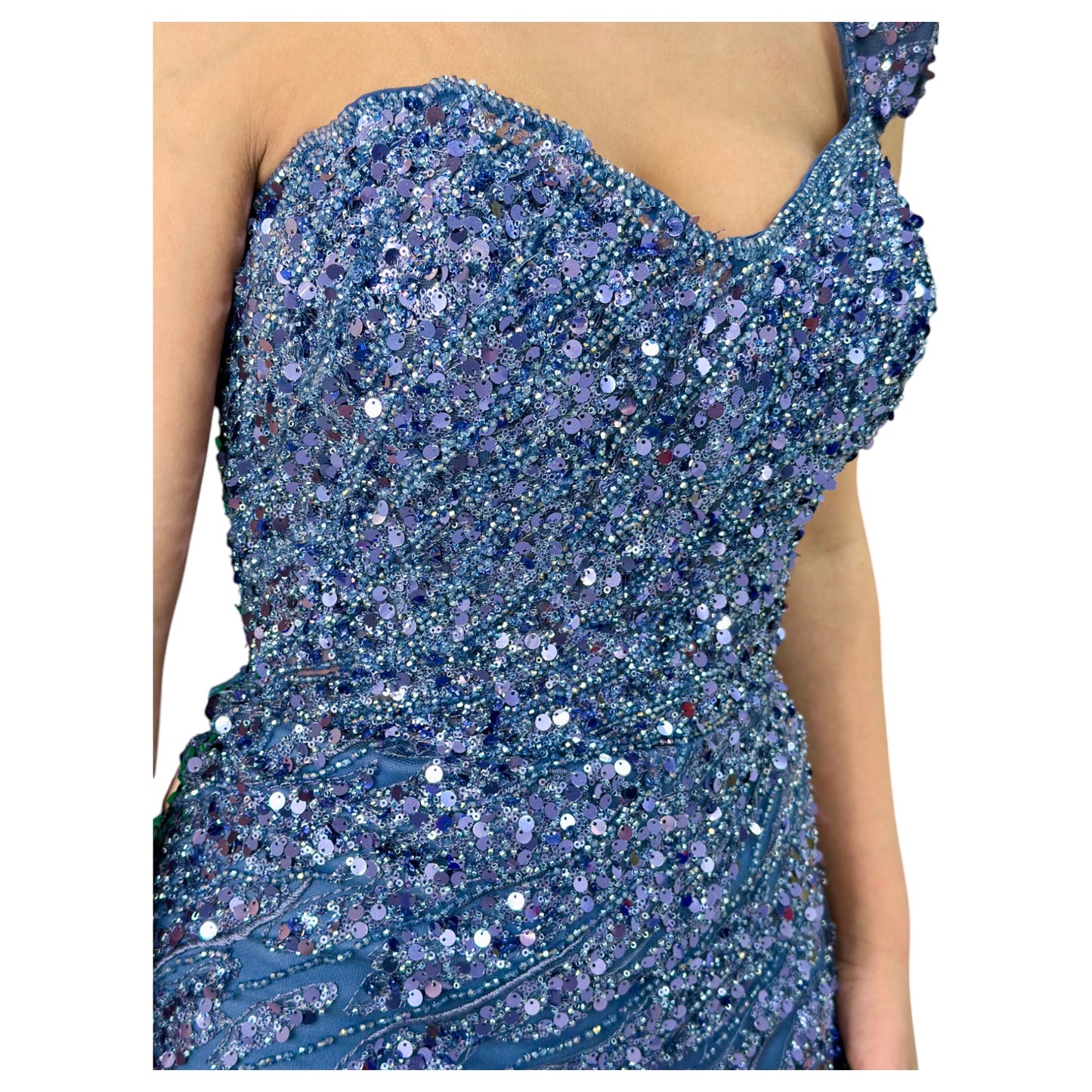 Navy Elegant Long Dress-Detailed with Beautiful Crystals and Sequins Off The Shoulder