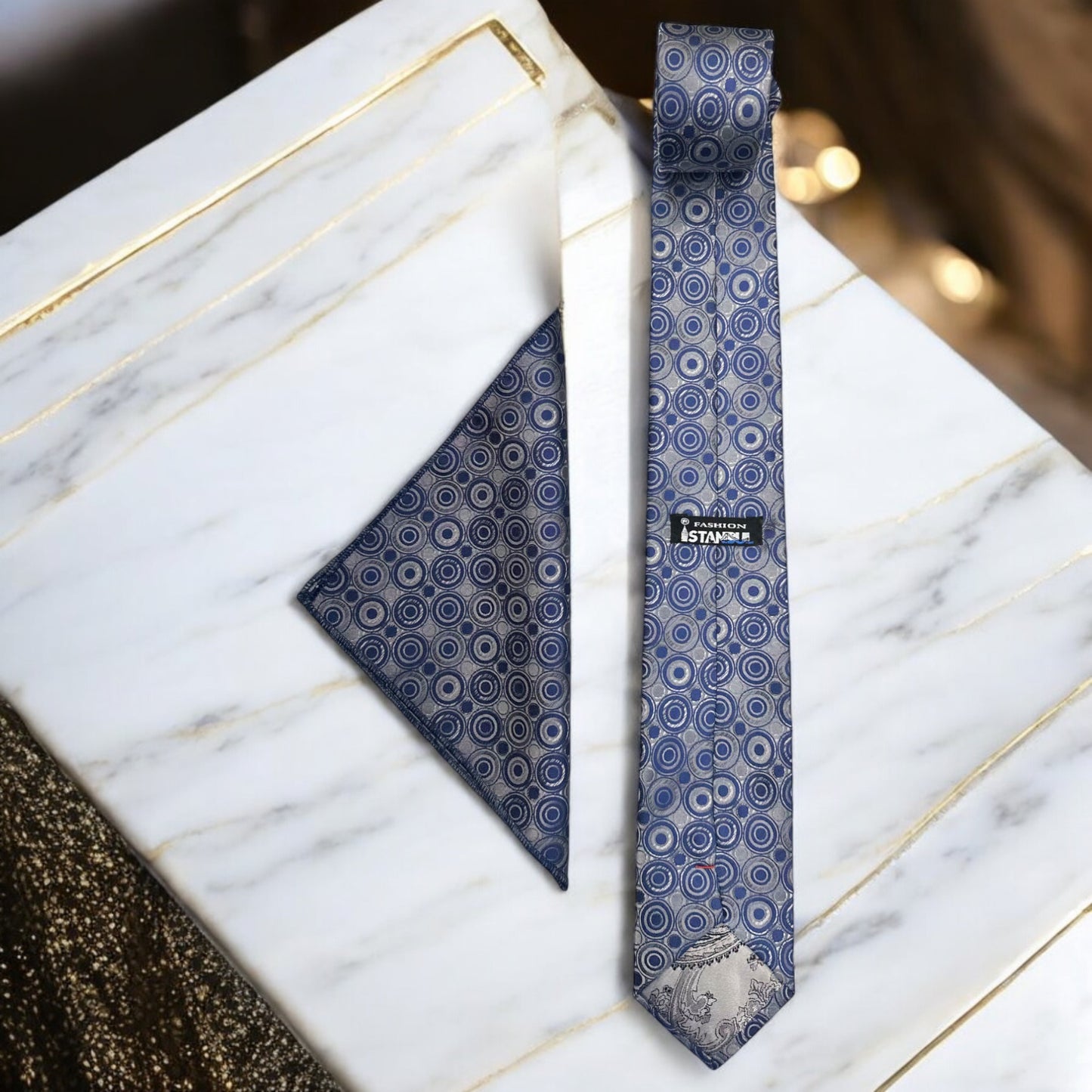 Circled Detailing with Blue and Champagne  - Istanbul Fashion Tie - Classic Wide
