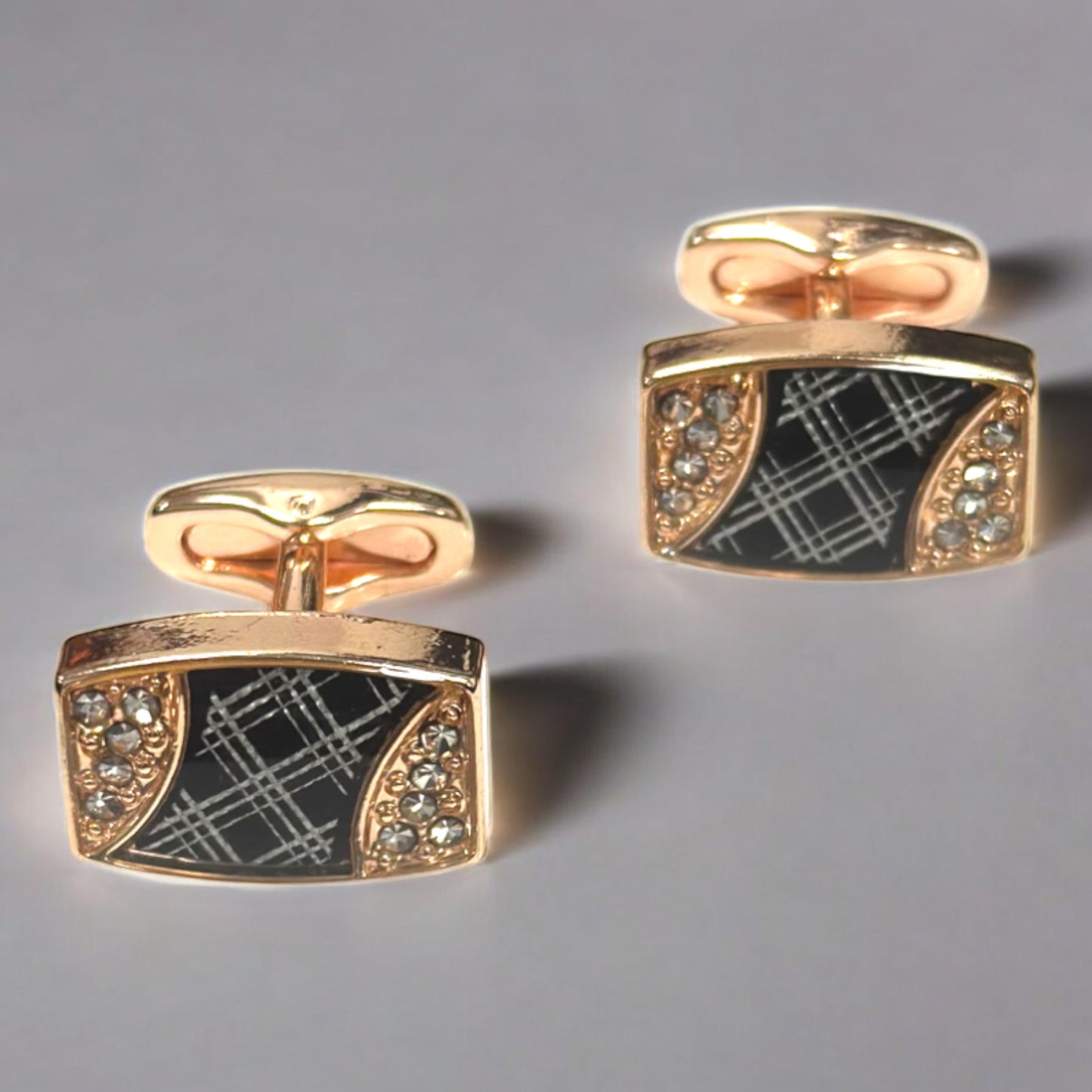 Stylish Rectangular Rose Gold  Detailed with Black and Diamonds  - Istanbul Fashion Cufflinks - 73
