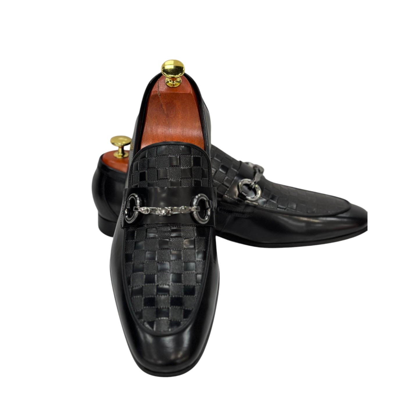 Black Detailed Leather dress Shoes-Chrome Metal Finish Details-120 2206