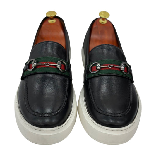 Black Sneakers-Rubber White Bottom-Detailed Chrome Metal Finish Front-134-6354