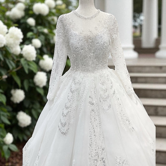 Princes Style Ball Gown - Wedding Gown - Off- White - Detailed with Crystallize Beading and Shiny Sequence