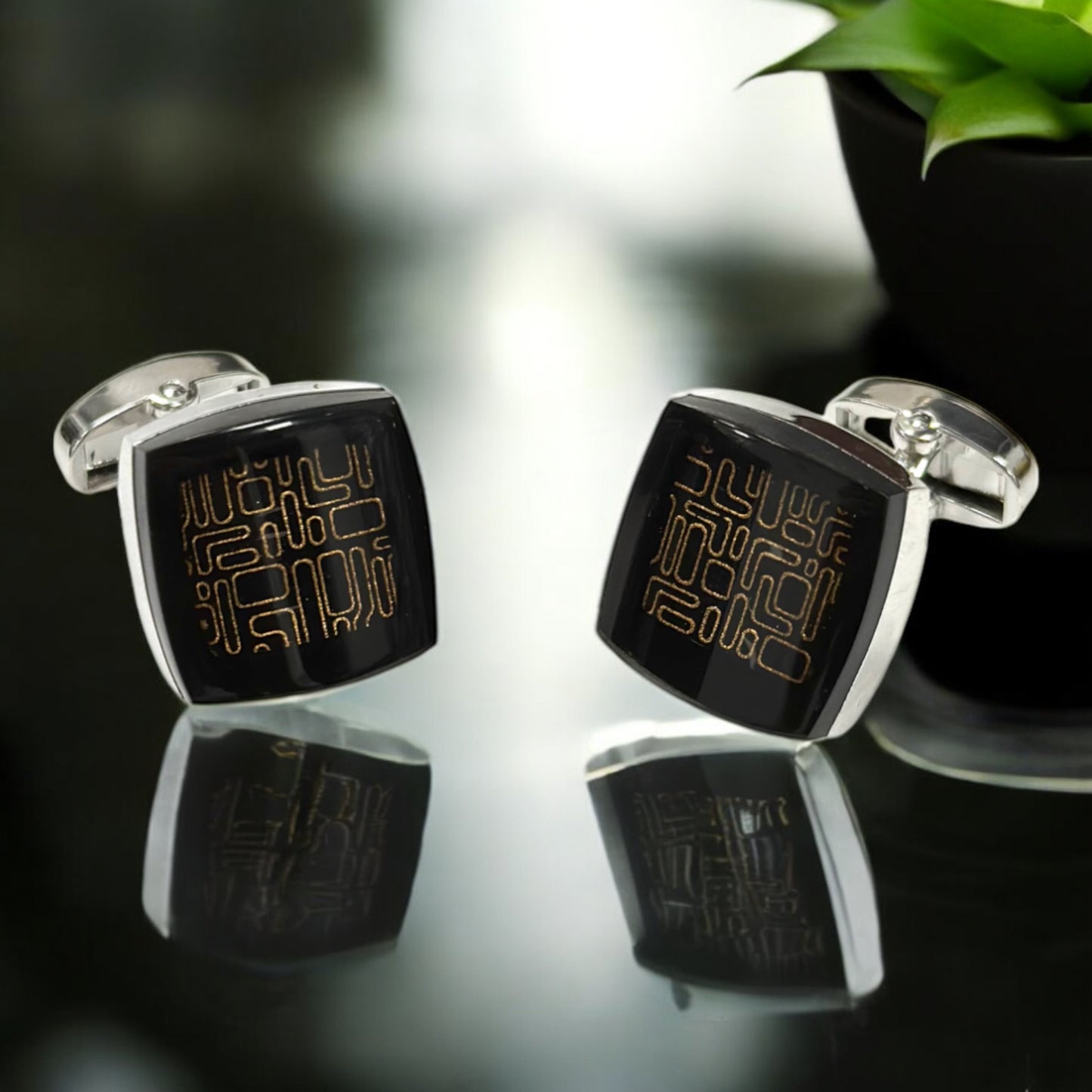 Squared Black Glass Looking on Gold Lines - Istanbul Fashion Cufflinks - 55