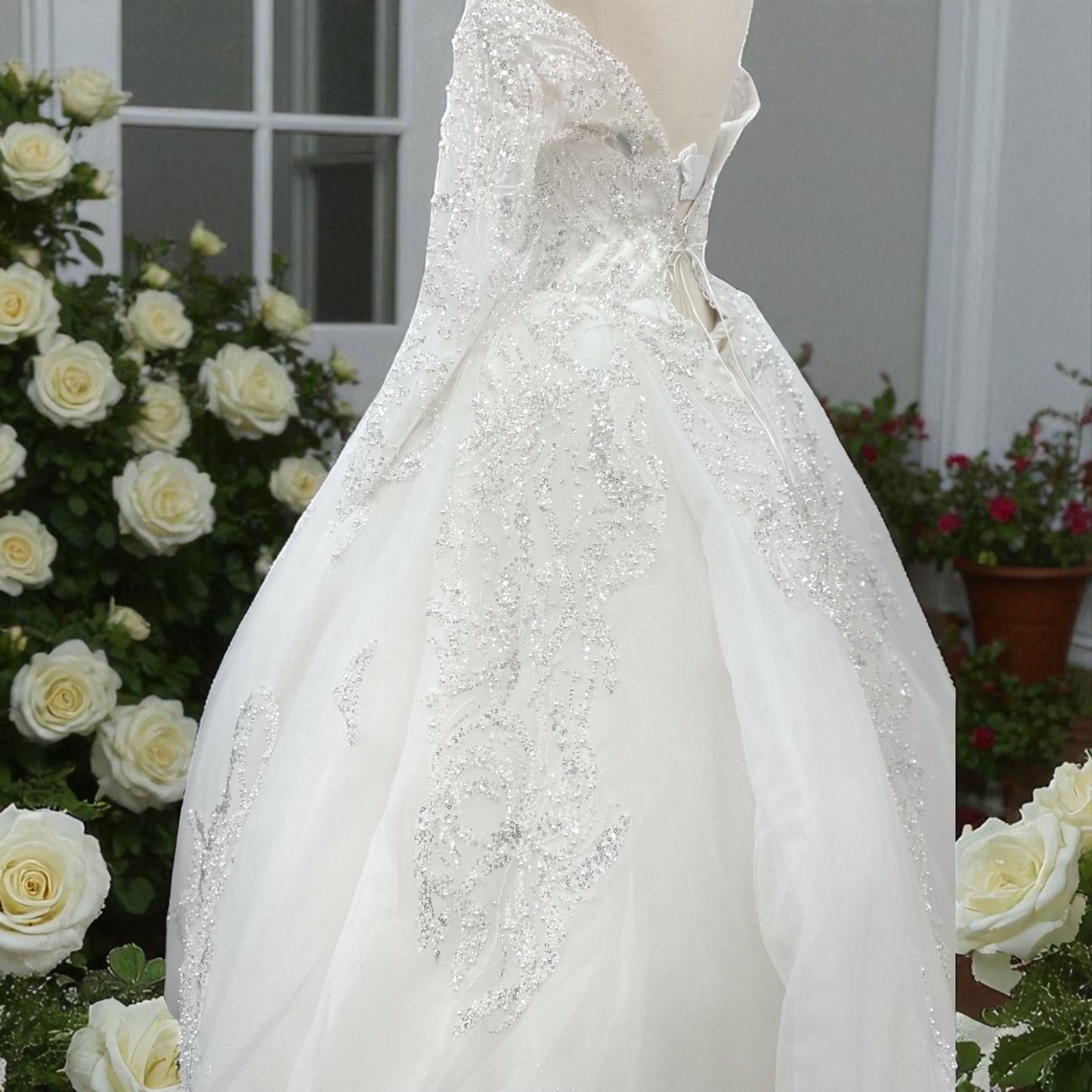 Off The Shoulder-Princess  Ball Gown Style - Wedding Gown - Creamy Detailed with Sequins and Shiny Beads