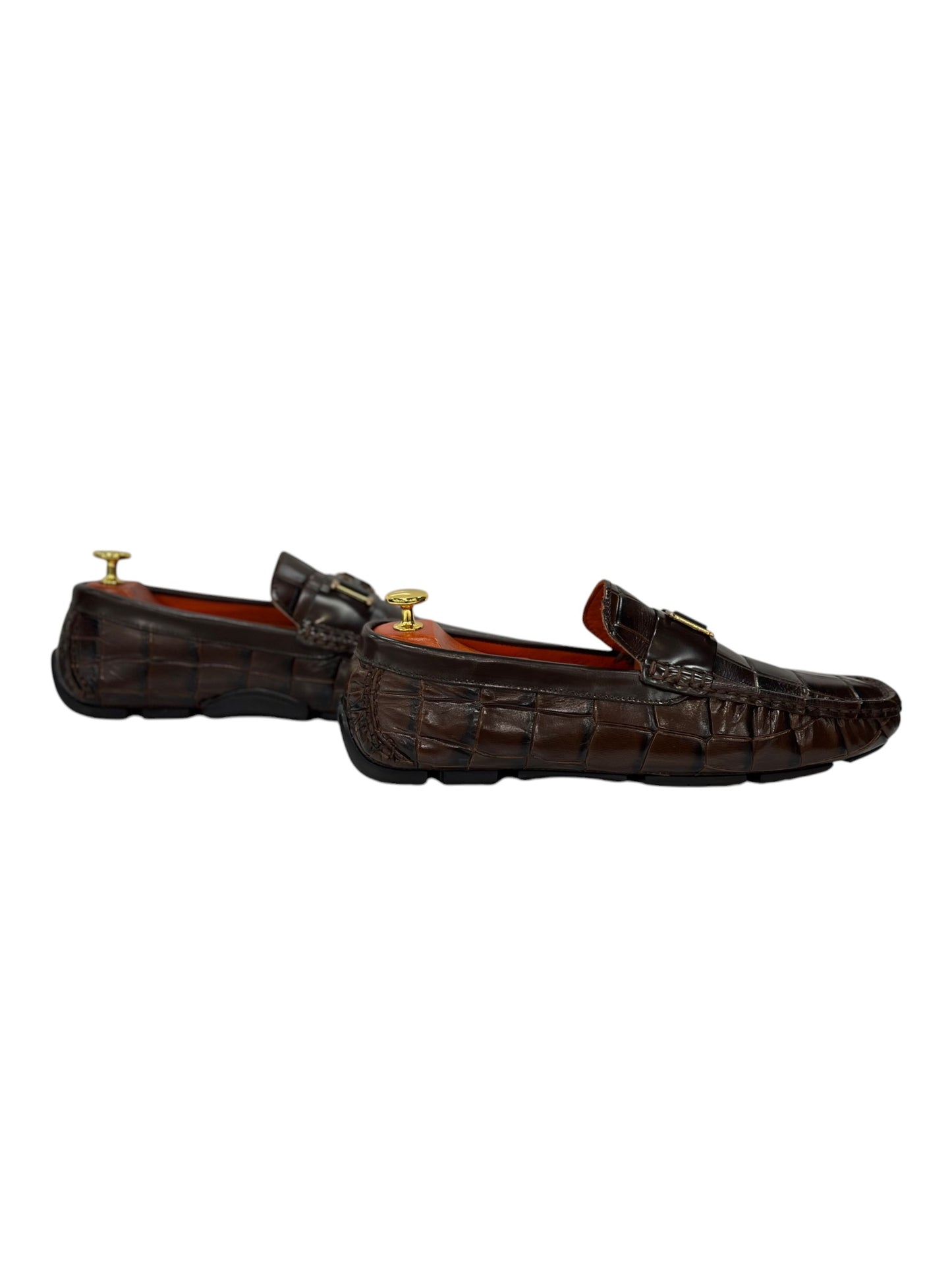 Brown Textured Leather-Shiny Finish Dress Shoes-Metal Details-Orange Interior-134-5577