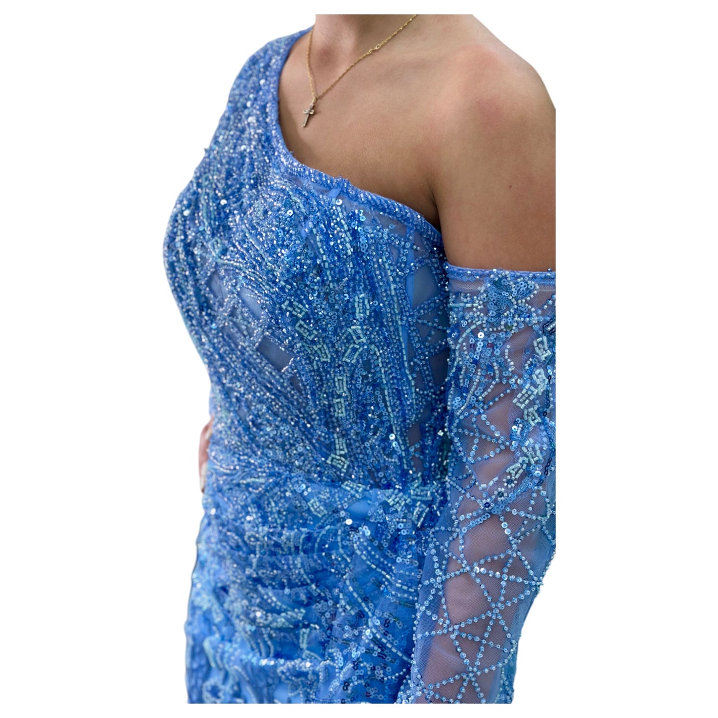 Sky Blue Elegant Long Dress-Detailed with Beautiful Crystals and Sequins