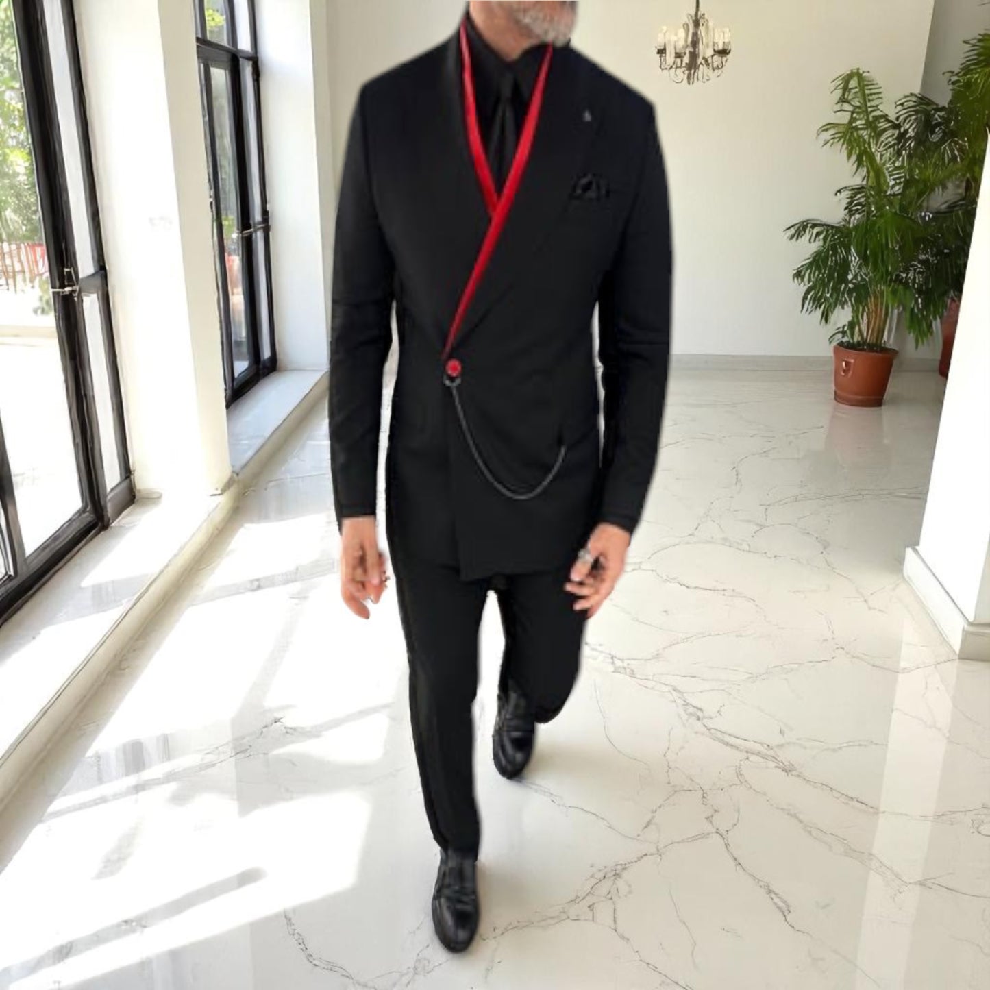 Black with A Touch of Red - Elegant Satin Collar Suit with Chain - Slim Fit