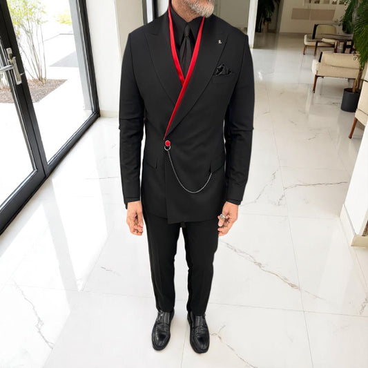 Black with A Touch of Red - Elegant Satin Collar Suit with Chain - Slim Fit