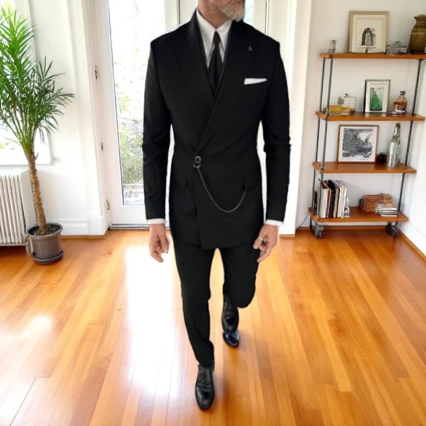Black on Black - Elegant Satin Collar Suit with Chain - Slim Fit